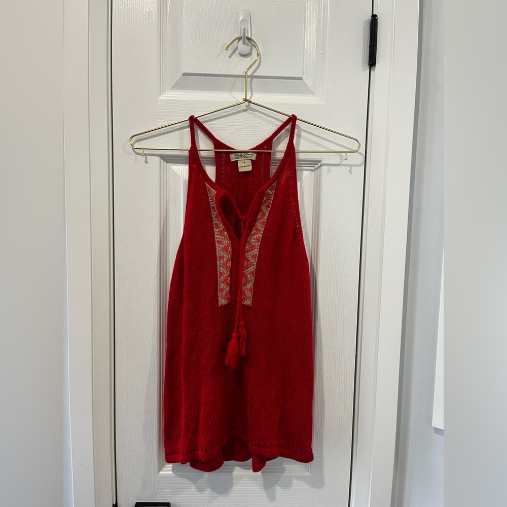 Lucky Brand Red Knit Boho Tassel Tank Top Embroidered Racerback Small Tribal - Picture 8 of 8